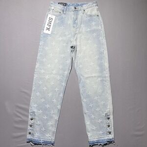 SMFK‎ Garden Cross Print High rise Straight Leg Blue Jeans Button Hem Sz L 29x31